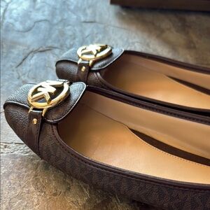 Michael Kors Brown Gold Loafers with Signature Detail